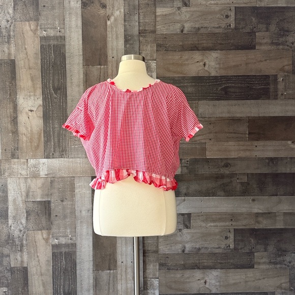 Handmade red gingham plaid ruffle trim top large festival boho garden party - Picture 7 of 10